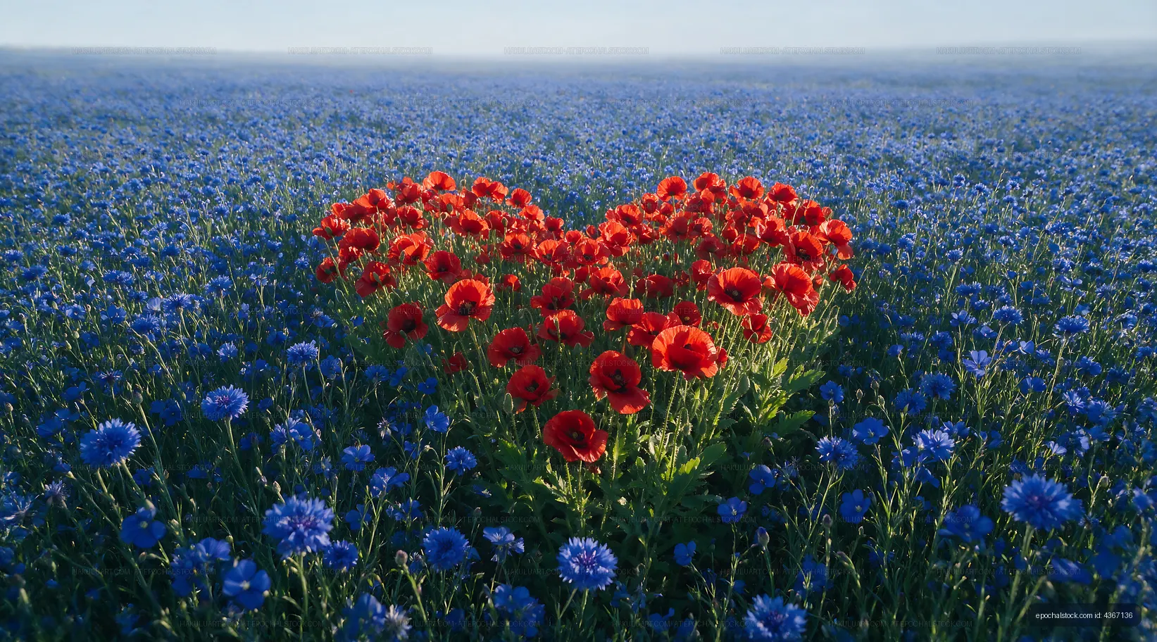 Red poppies and blue cornflowers form heart shape in field