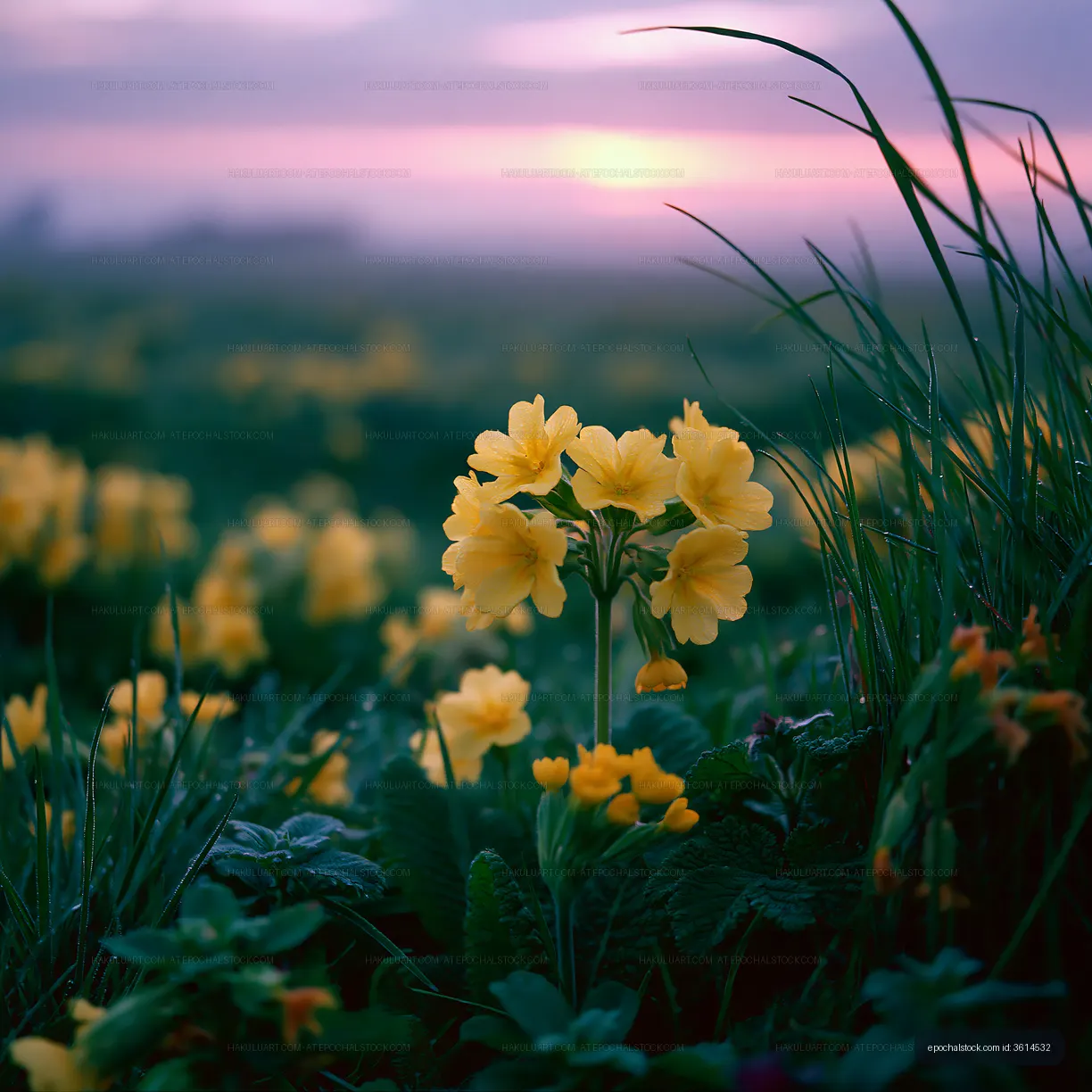 Yellow flowers bloom in a green field at sunset