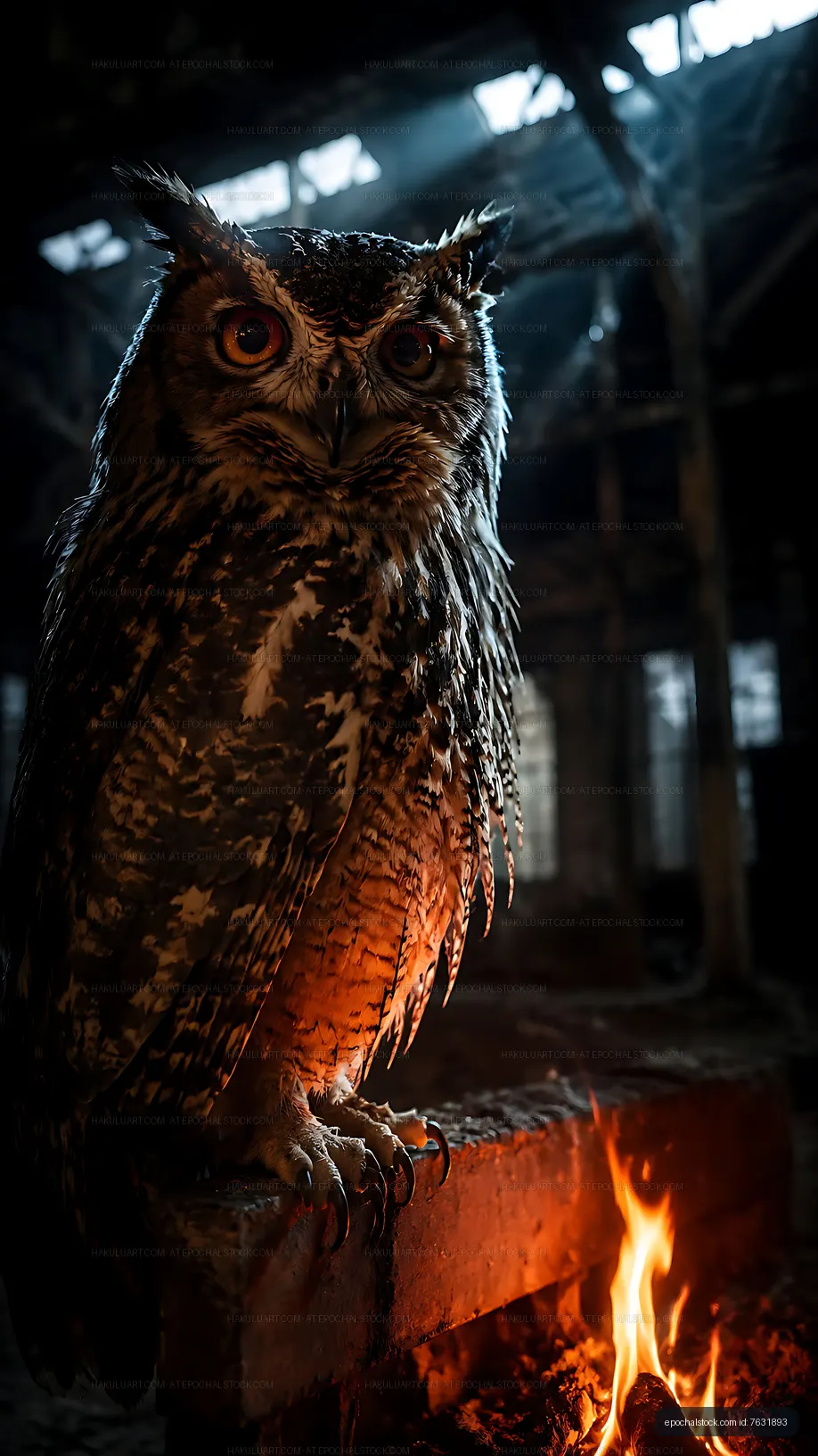 Owls perched near fire inside an abandoned warehouse