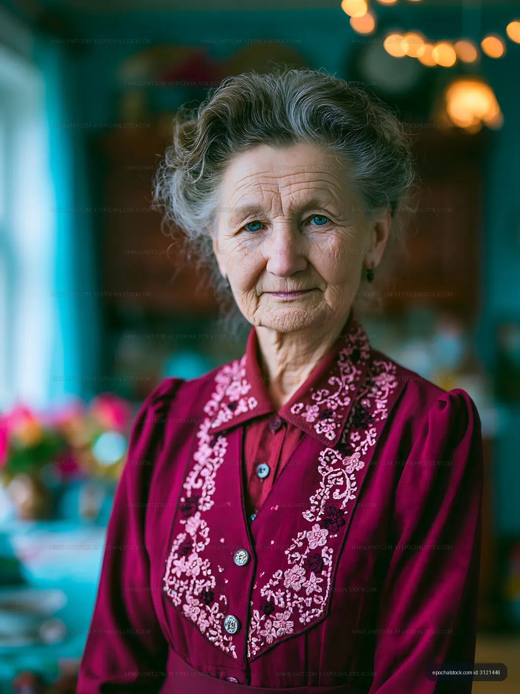 Elderly woman in traditional dress standing indoors