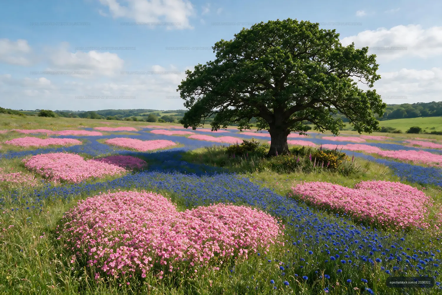 Field with heart-shaped flower patterns and a tree