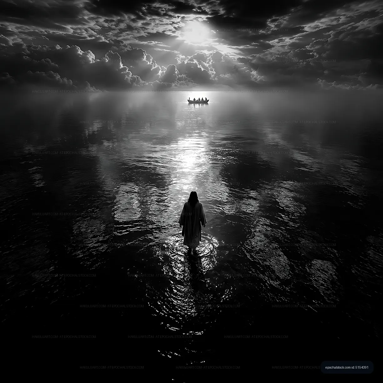 Person standing in water with a boat in the background