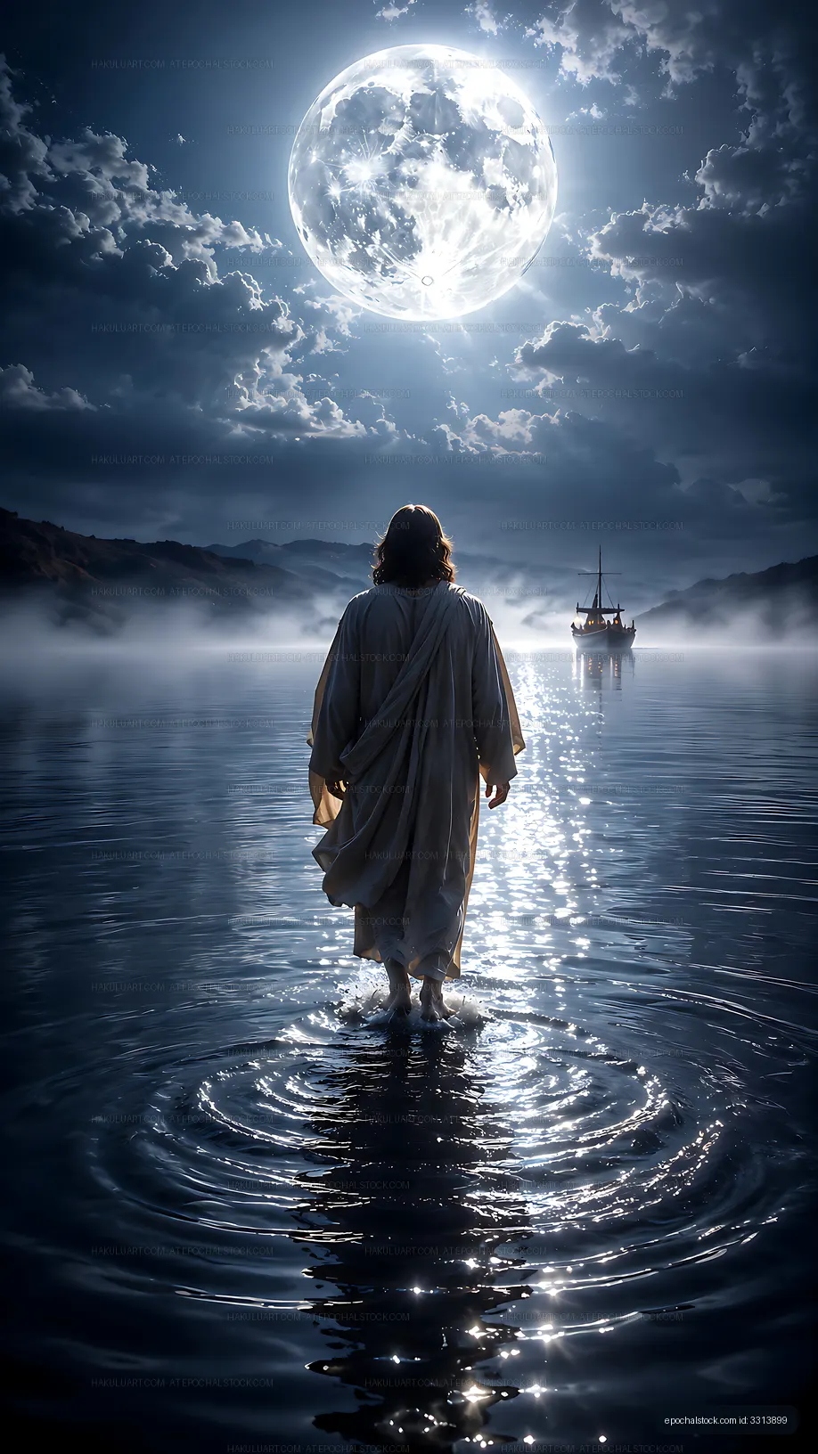 Person walking on water under a full moon at night