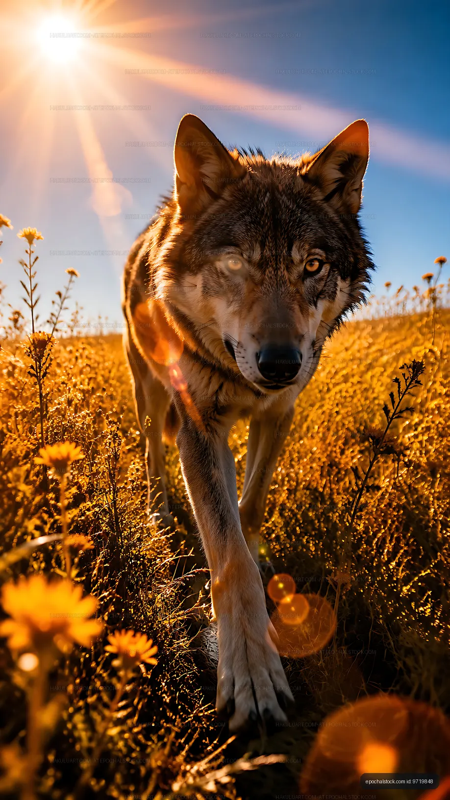 Wolf walking in a field during sunset