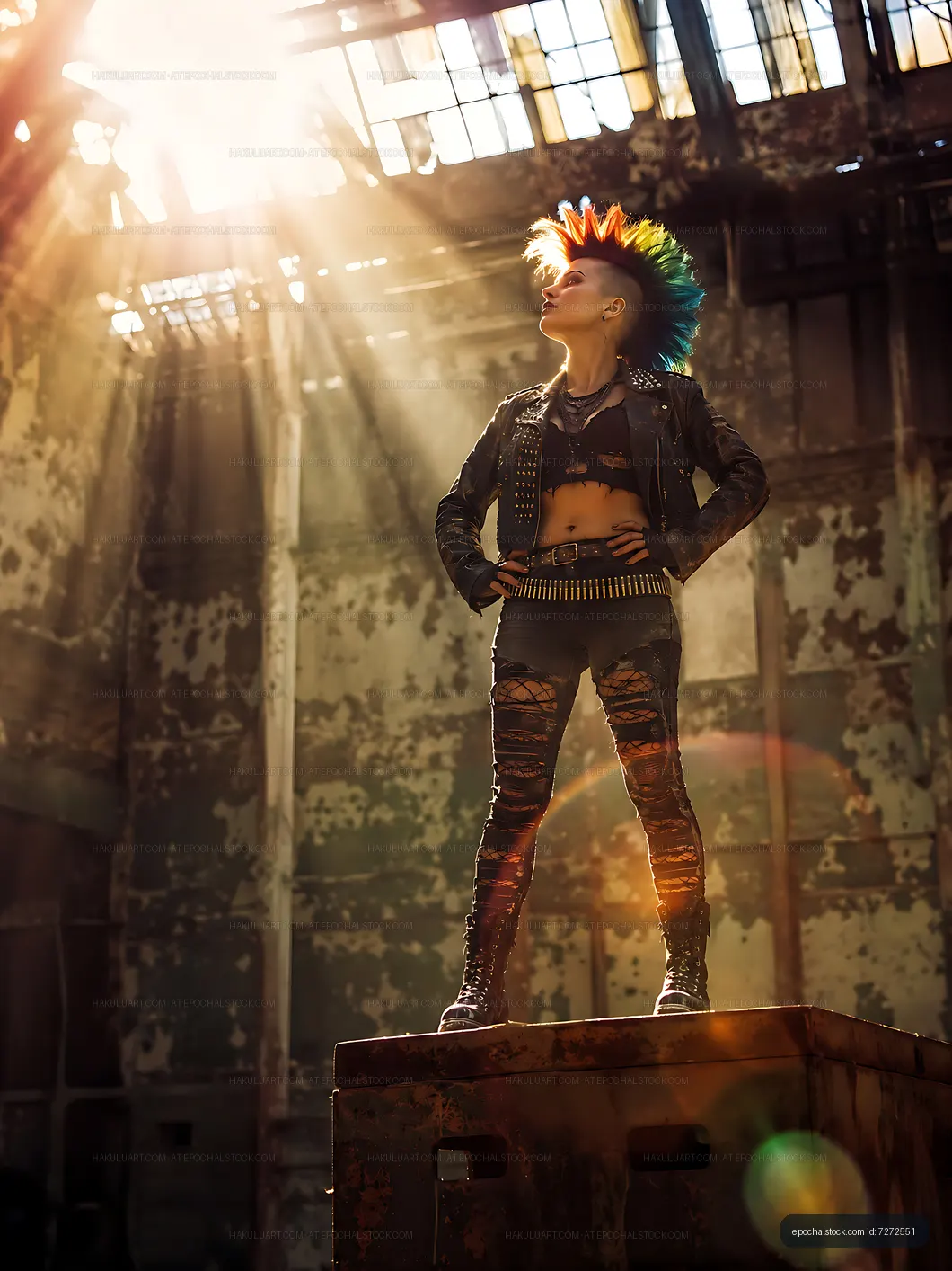 Youth with vibrant hair stands tall in an empty building