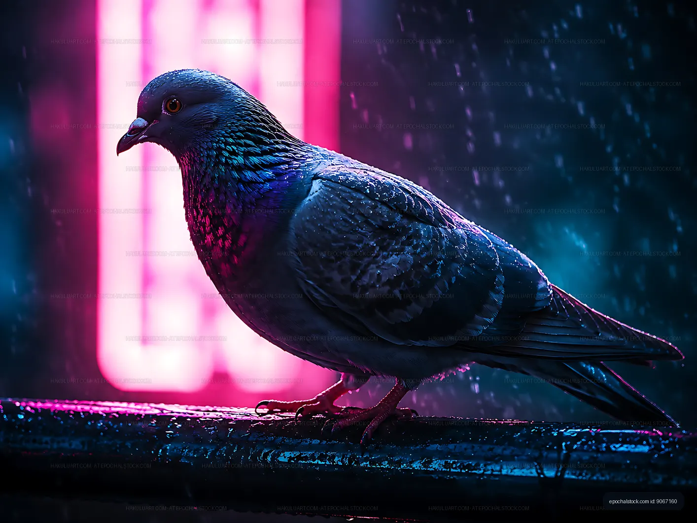 Pigeon perched on railing with neon lights in the rain