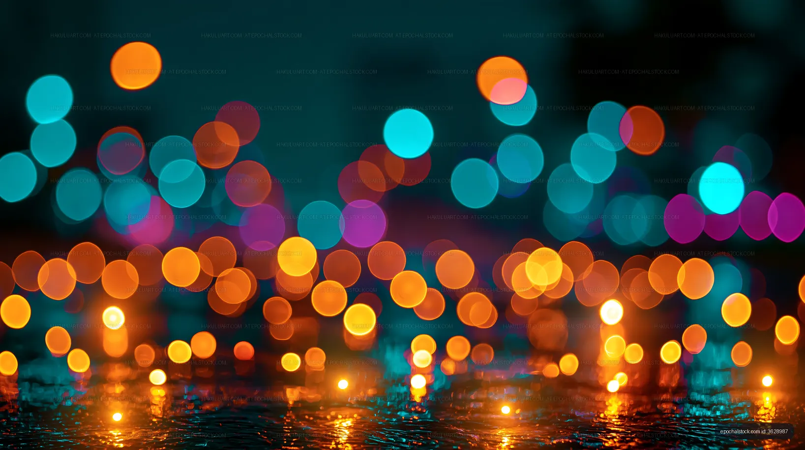 Colorful bokeh lights reflecting on a wet surface at night