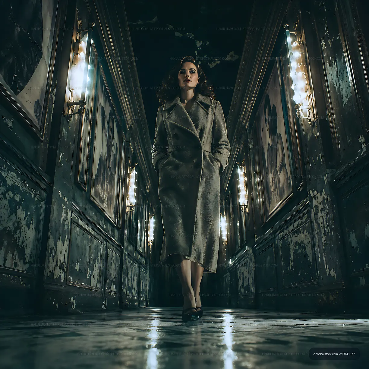 Woman in long coat walking through dark hallway with artwork