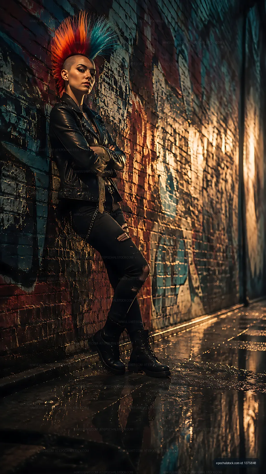 Punk style person standing against a graffiti wall at night