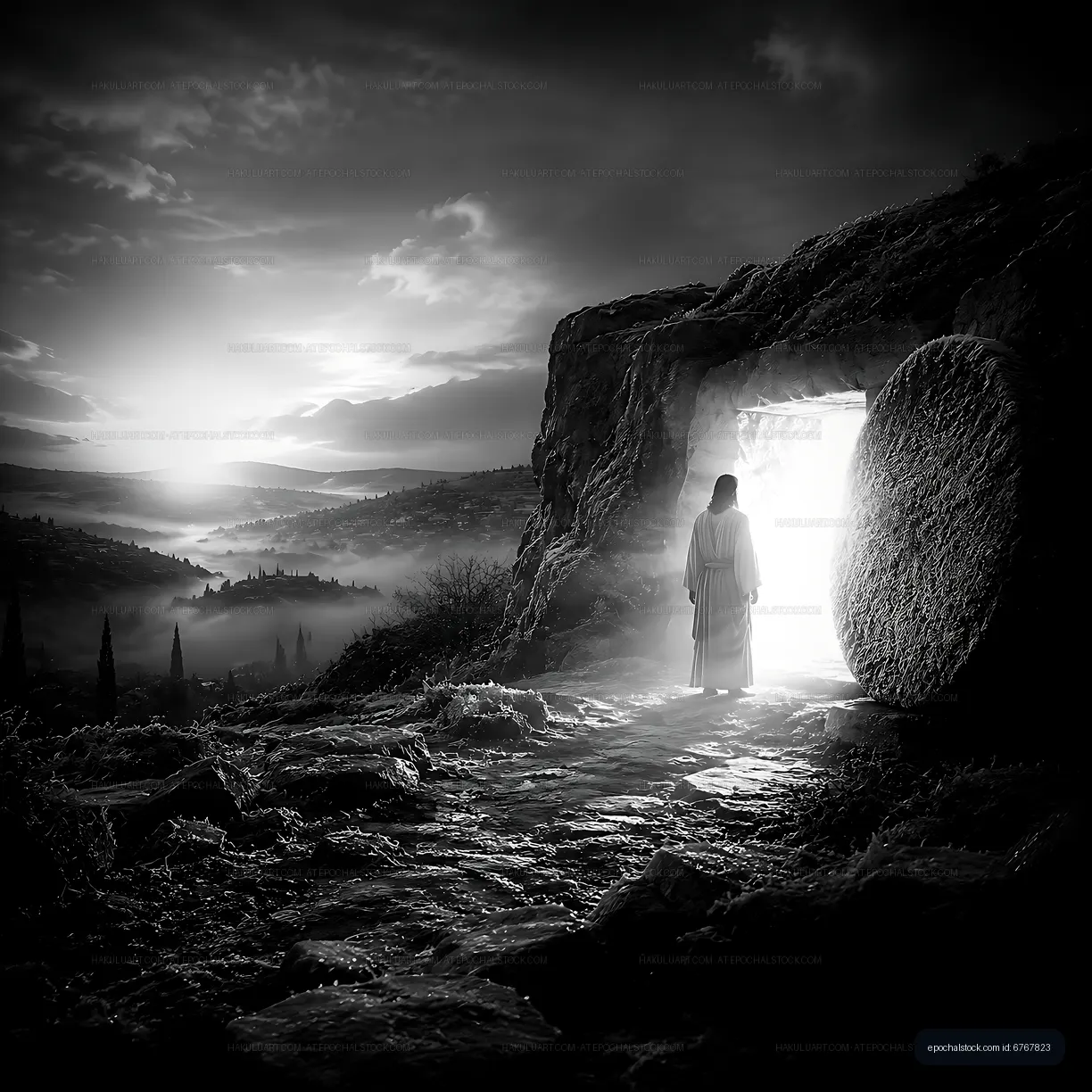Light emerging from a tomb with a figure standing at the entrance