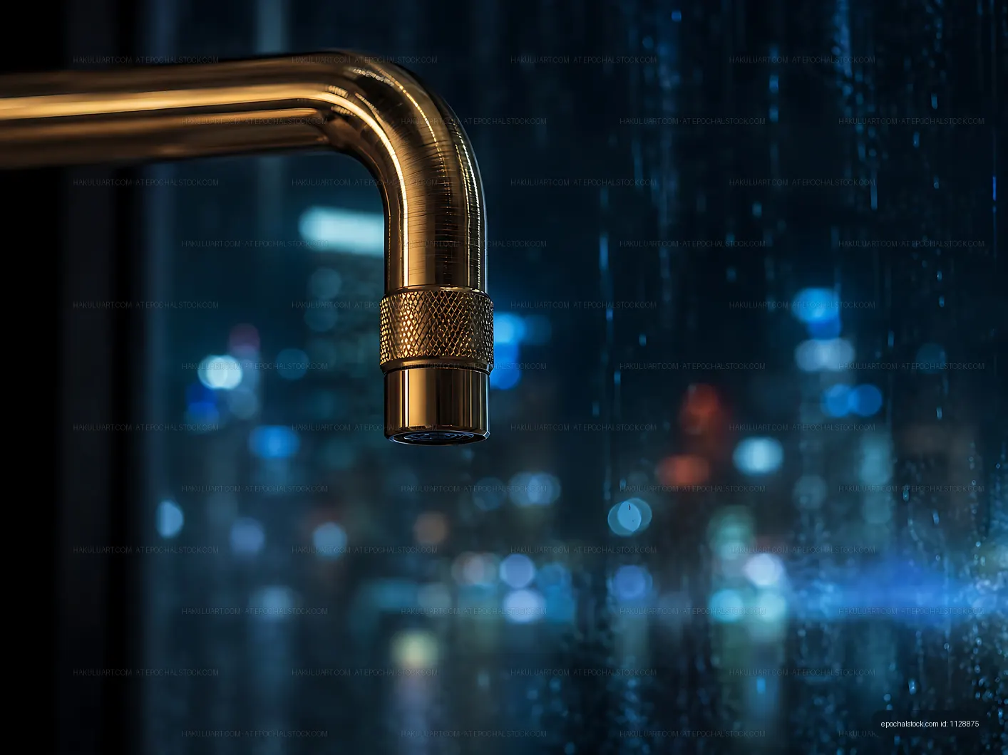 Shiny faucet above blurred city lights during nighttime