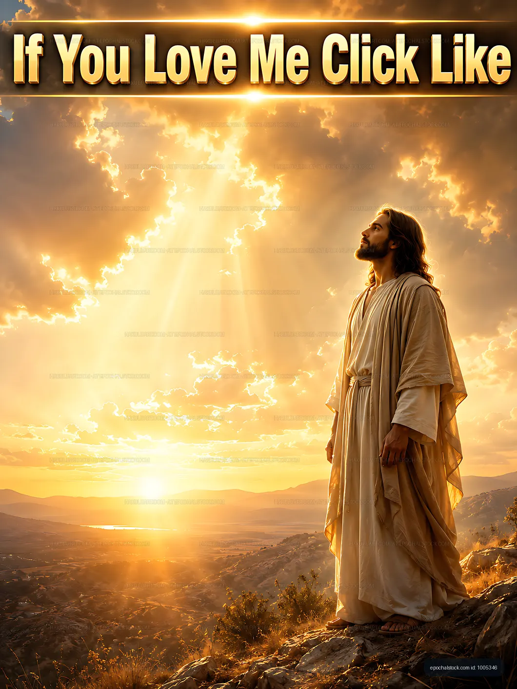 Jesus in white robe with sunset and clouds in the background