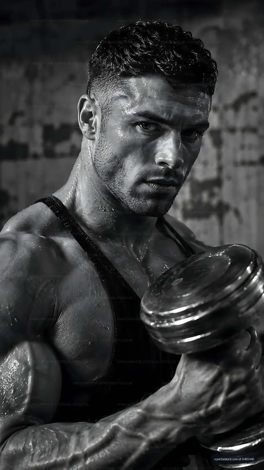 Muscular man lifting dumbbell in gym environment