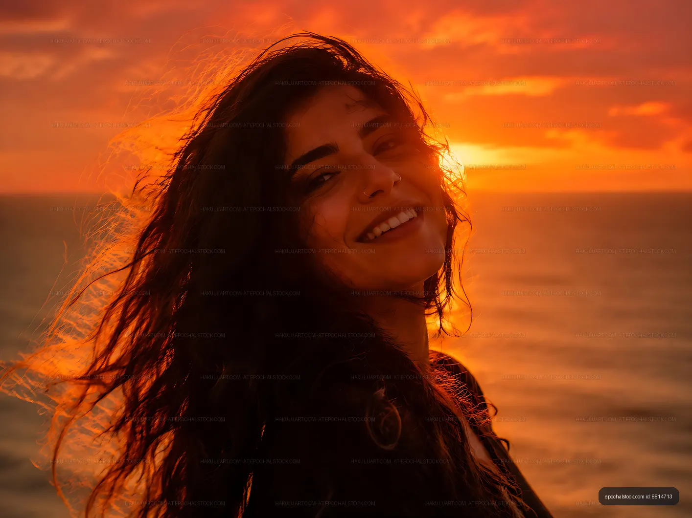 Woman smiling at sunset near the ocean