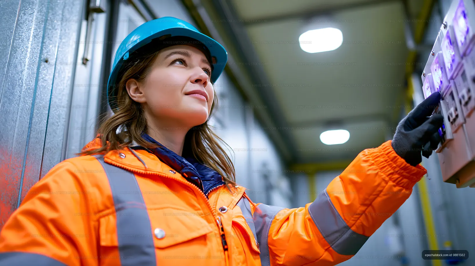 Woman in safety gear operating control panel in industrial setting