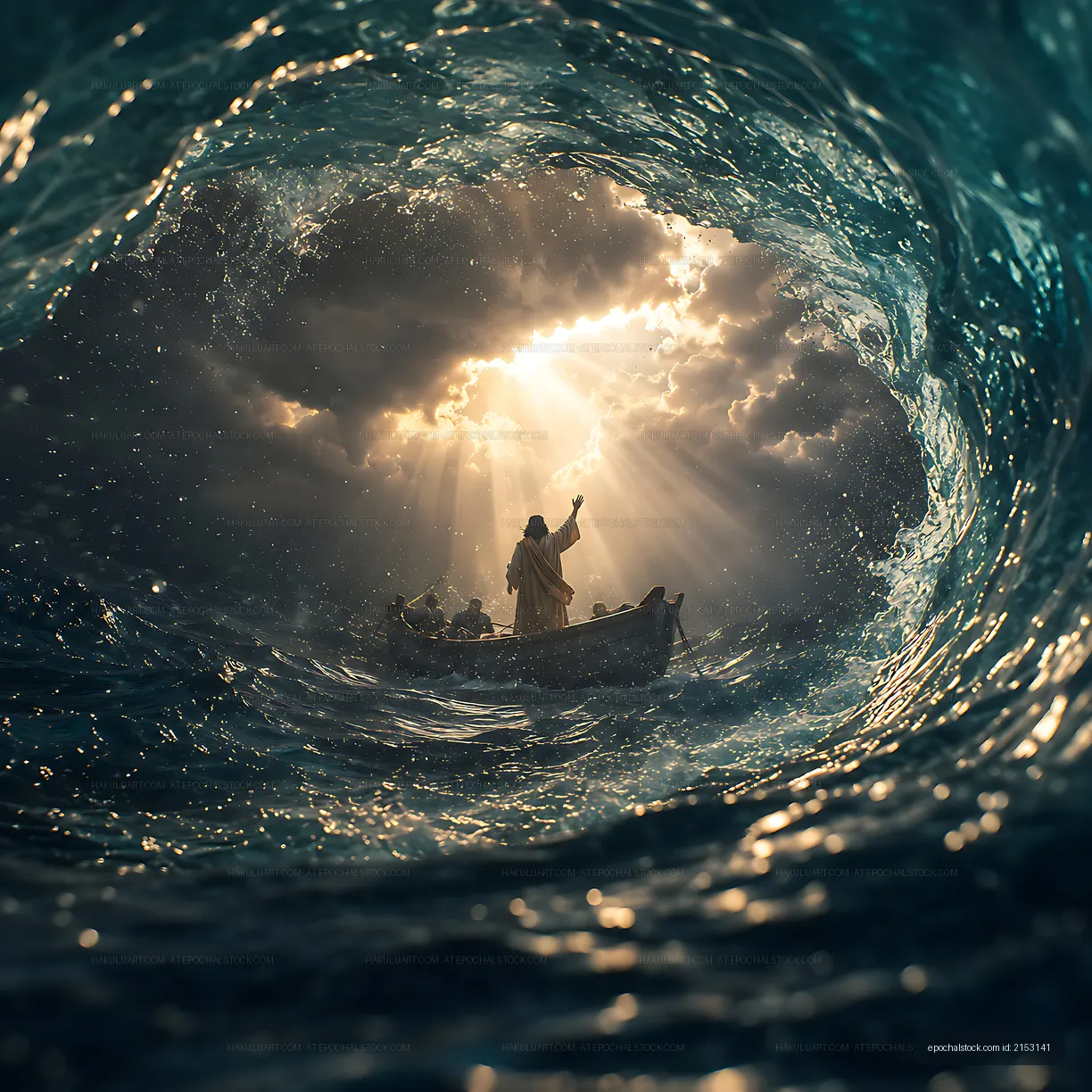 Person in a boat during a storm with waves and sunlight