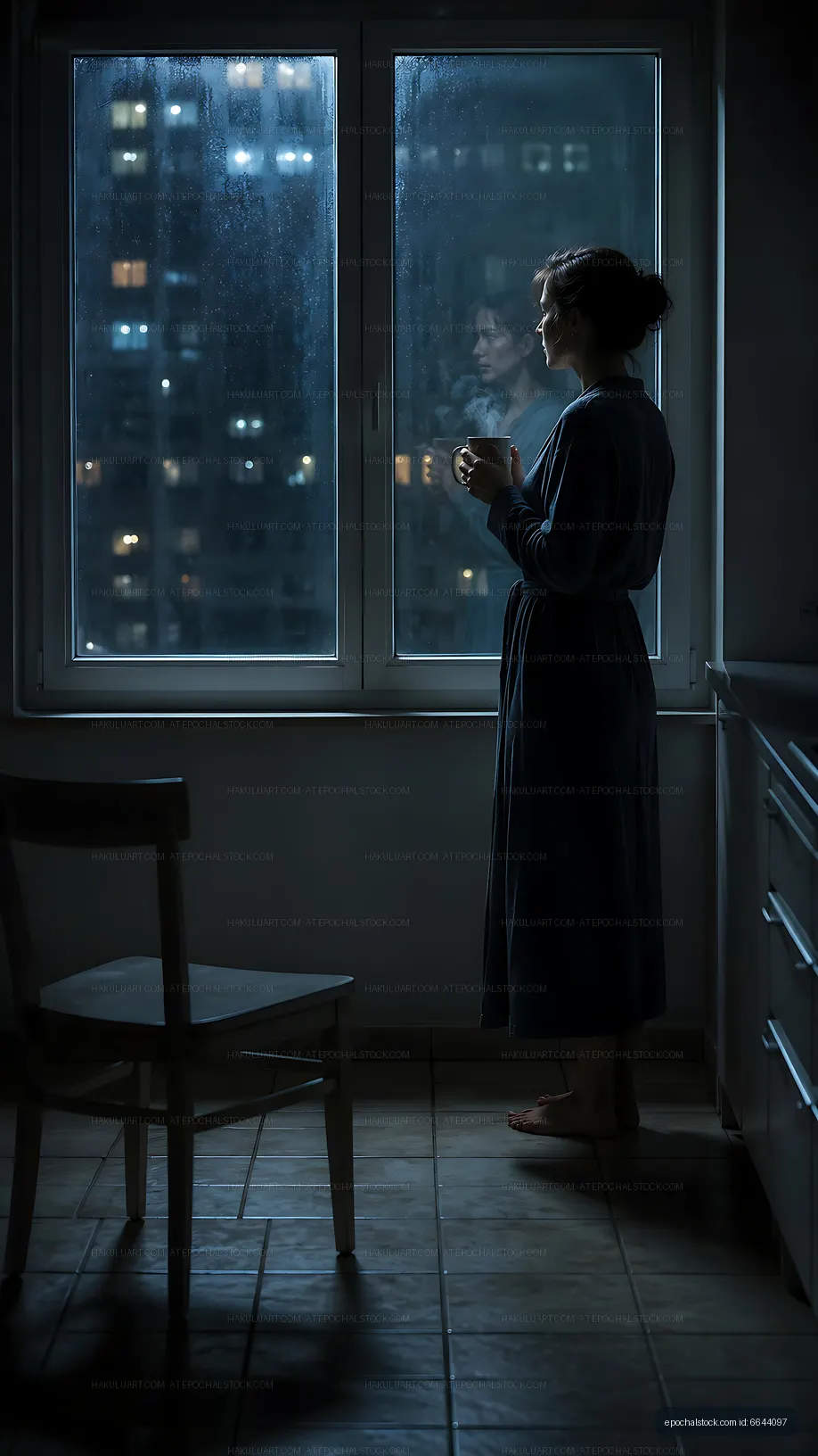 Woman looking through window at night with city lights