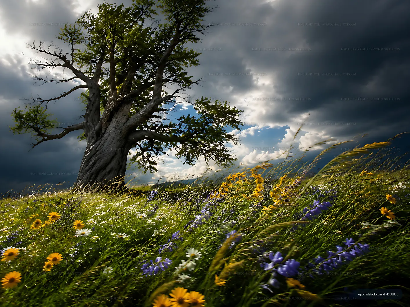 Tree standing in a field of flowers under a cloudy sky