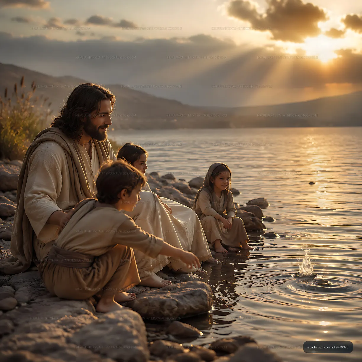 Father with children by the water during sunset