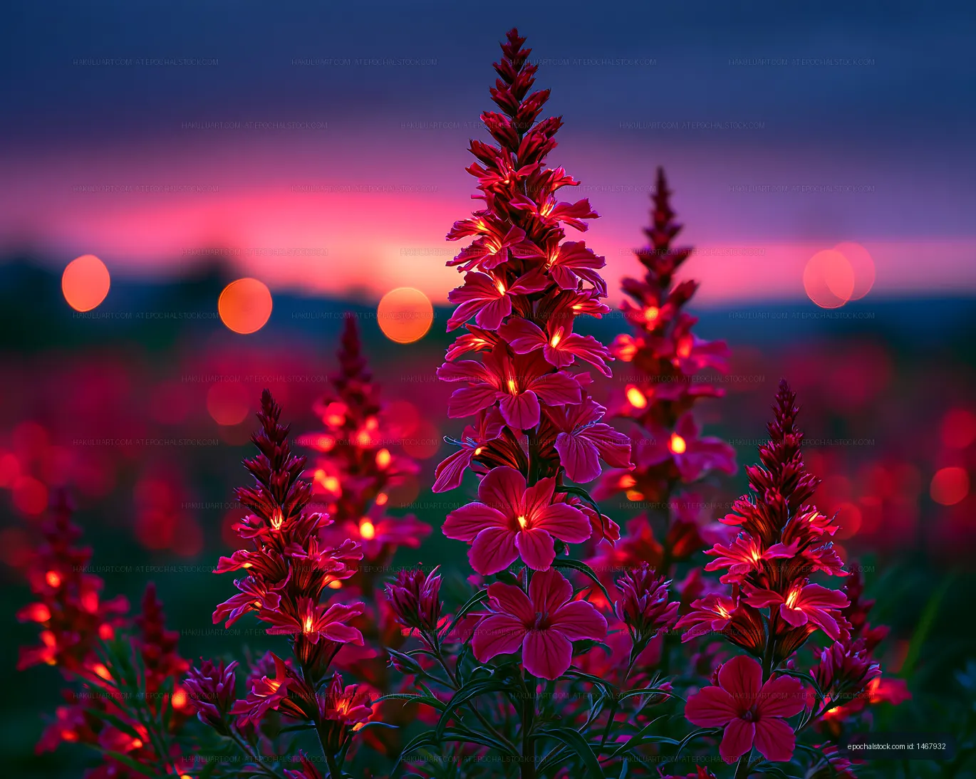 Bright red flowers bloom under sunset sky with blurred lights