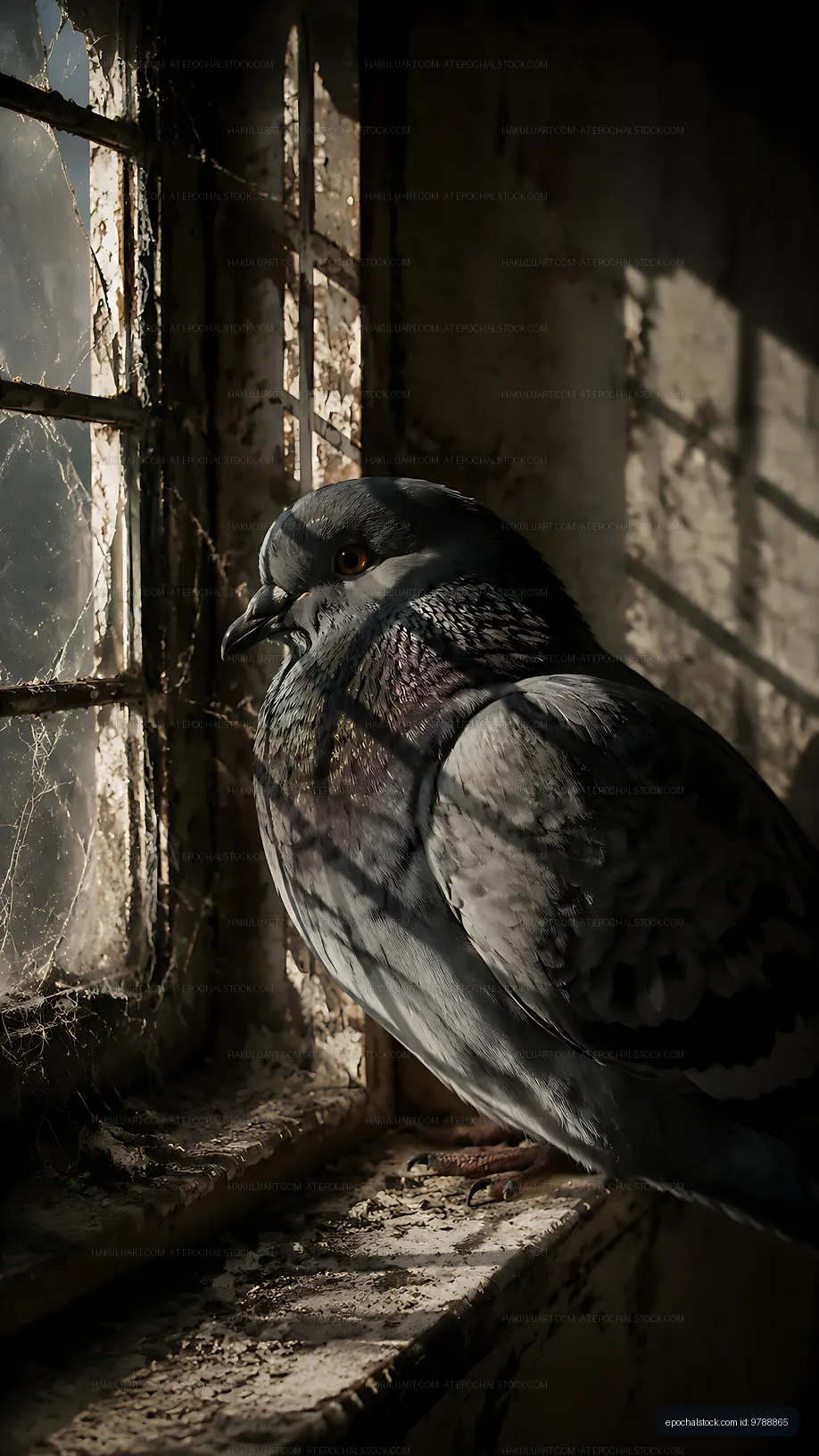 Pigeon perched by a window with sunlight and shadows