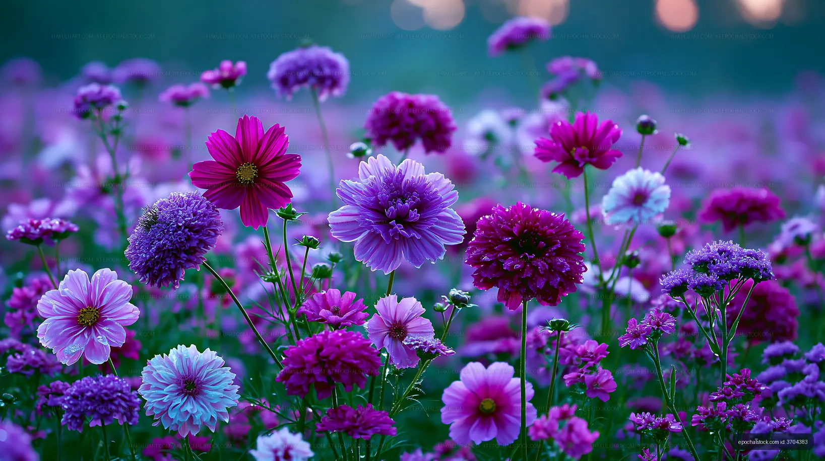 Colorful flower field with various blooms during sunset