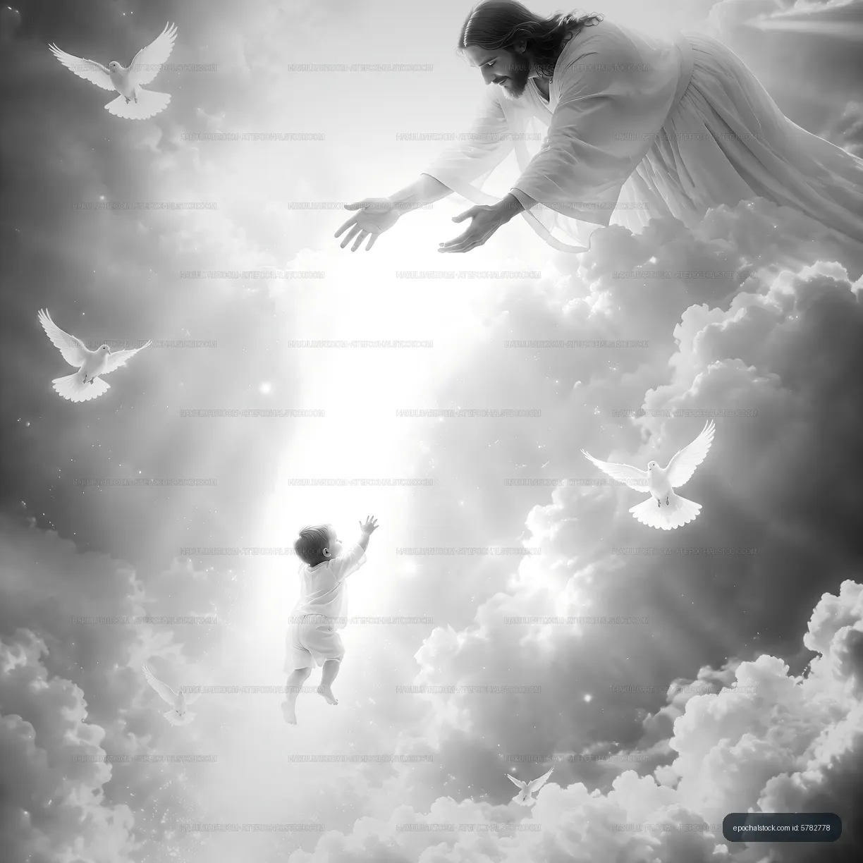 Child reaching out towards a figure in the clouds