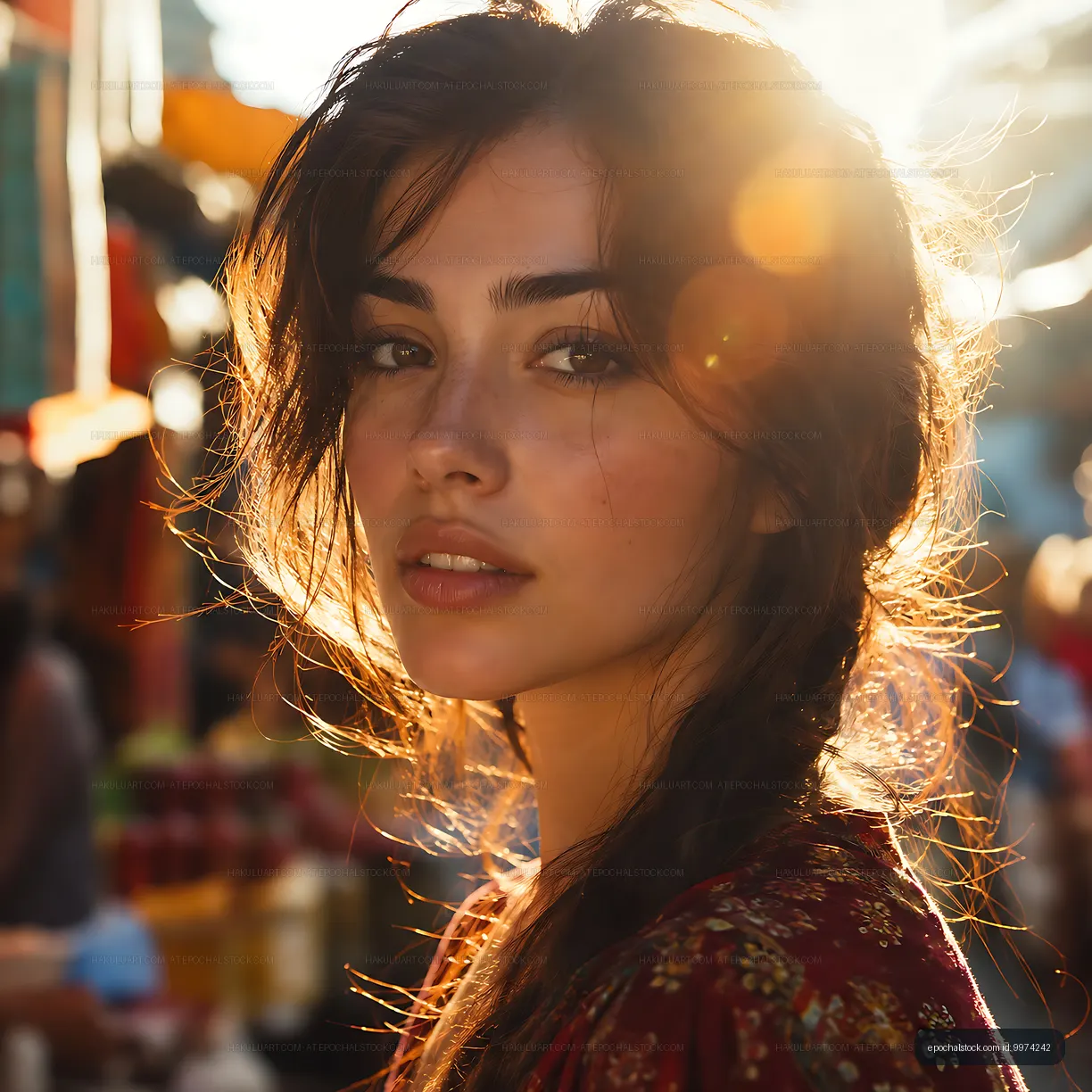 Young woman with long hair in a market during golden hour