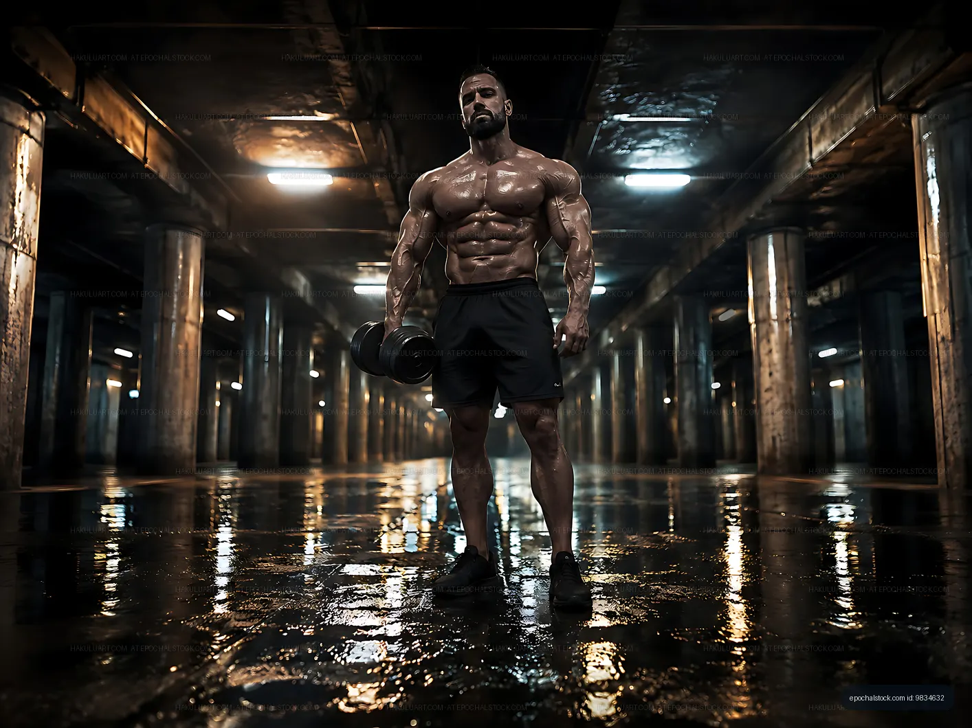 Muscular man lifting dumbbell in underground gym