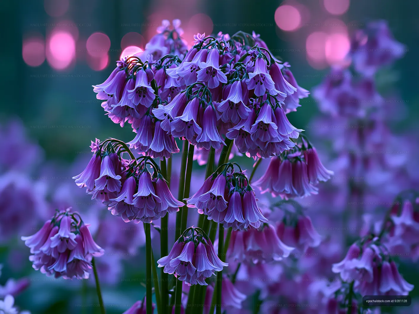 Purple flowers bloom in a garden at dusk