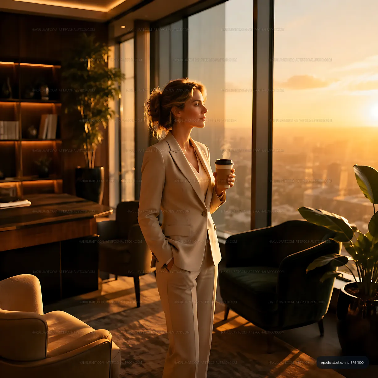 Woman standing by window with coffee during sunset in office