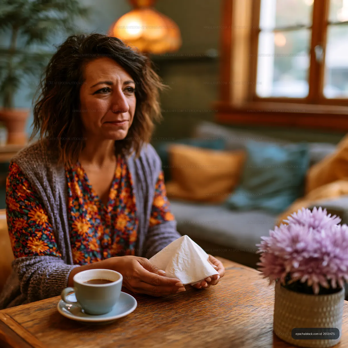 Woman sitting in a cafe holding a napkin with a cup of coffee