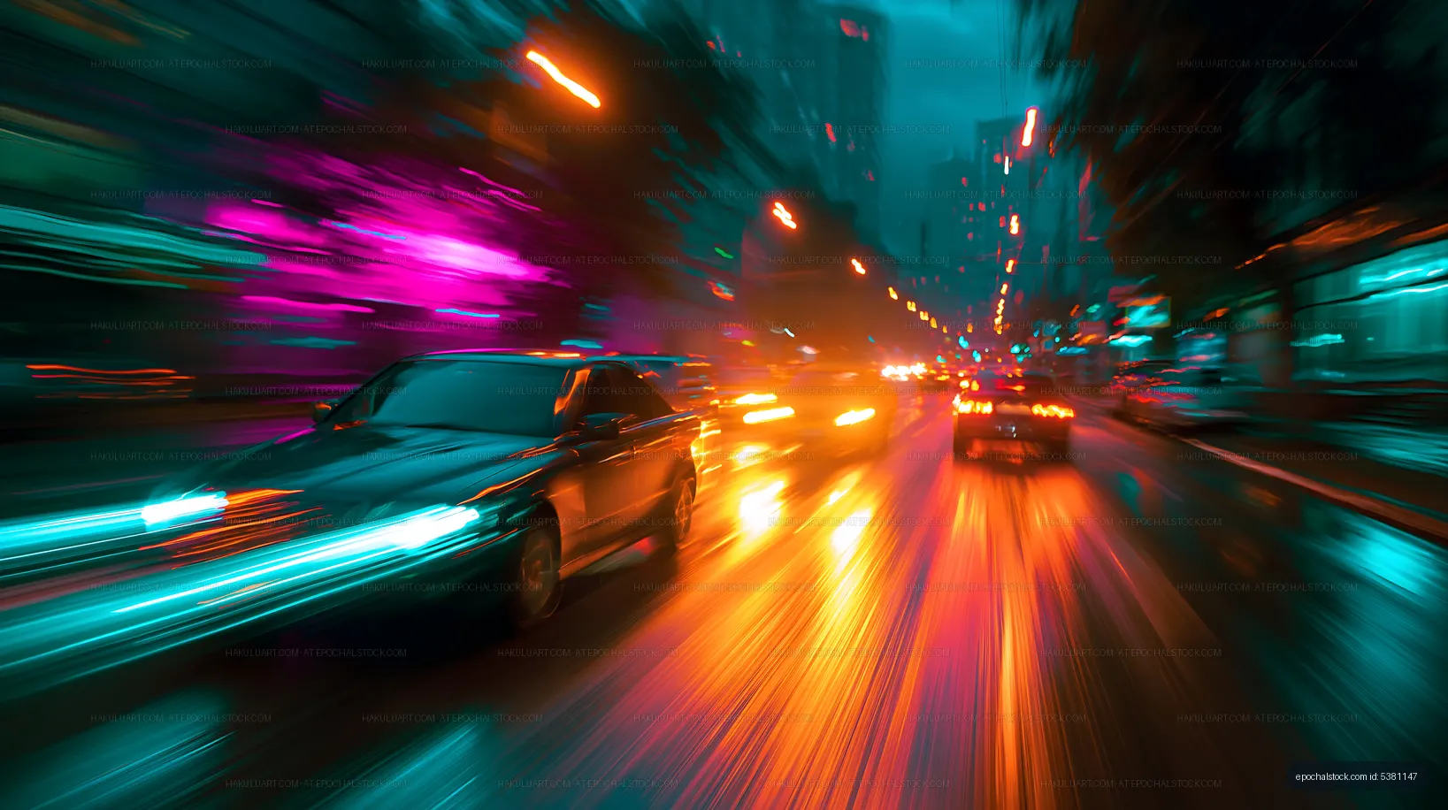 Car driving fast on a rainy city street at night