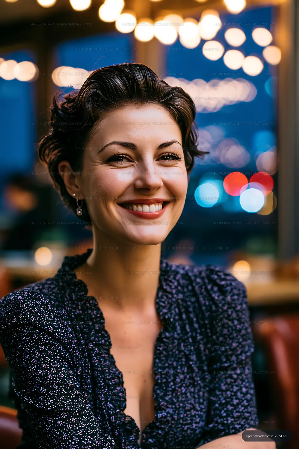 Young woman smiling in cozy restaurant during evening