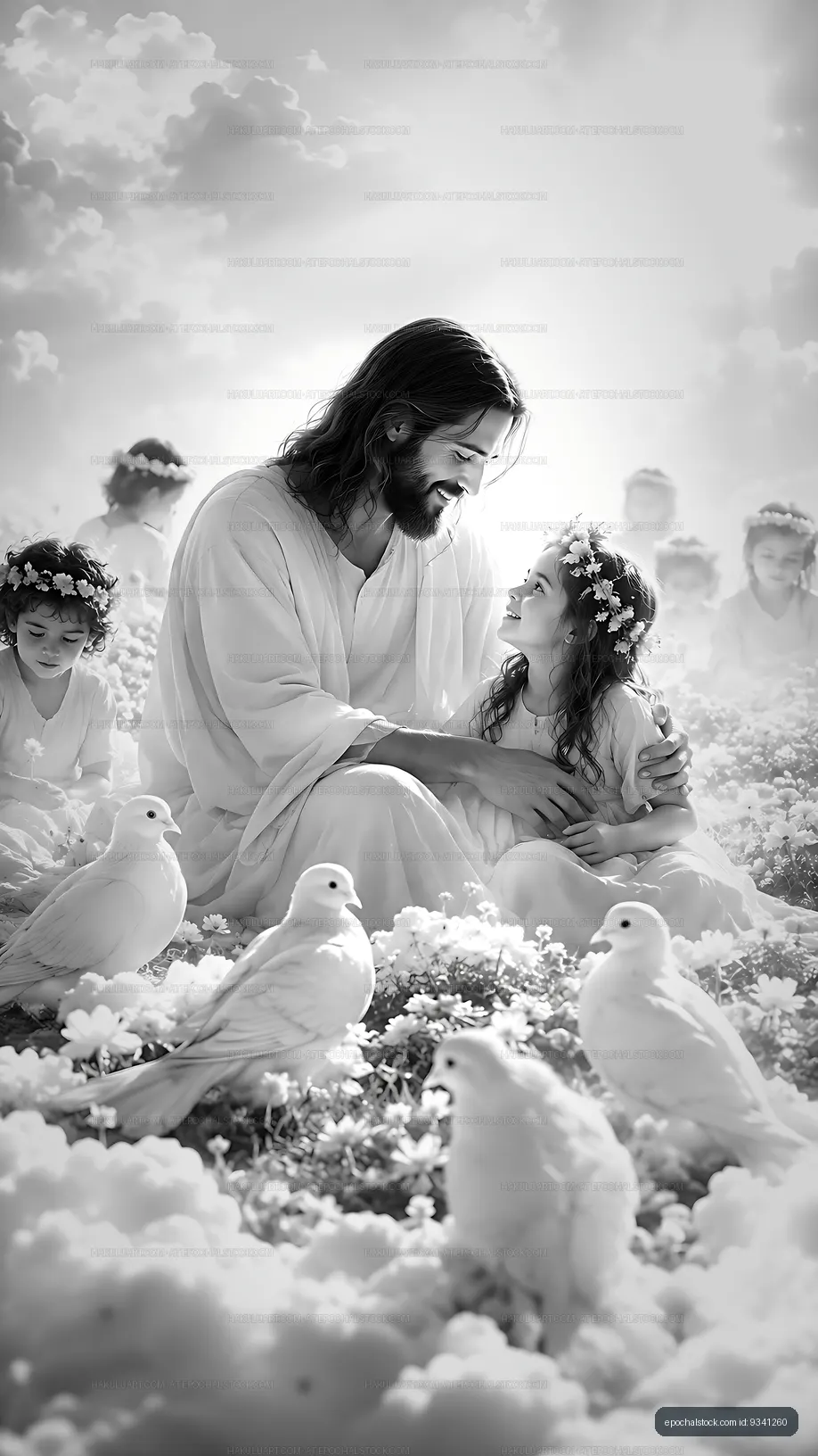 Jesus with children in a serene setting surrounded by doves