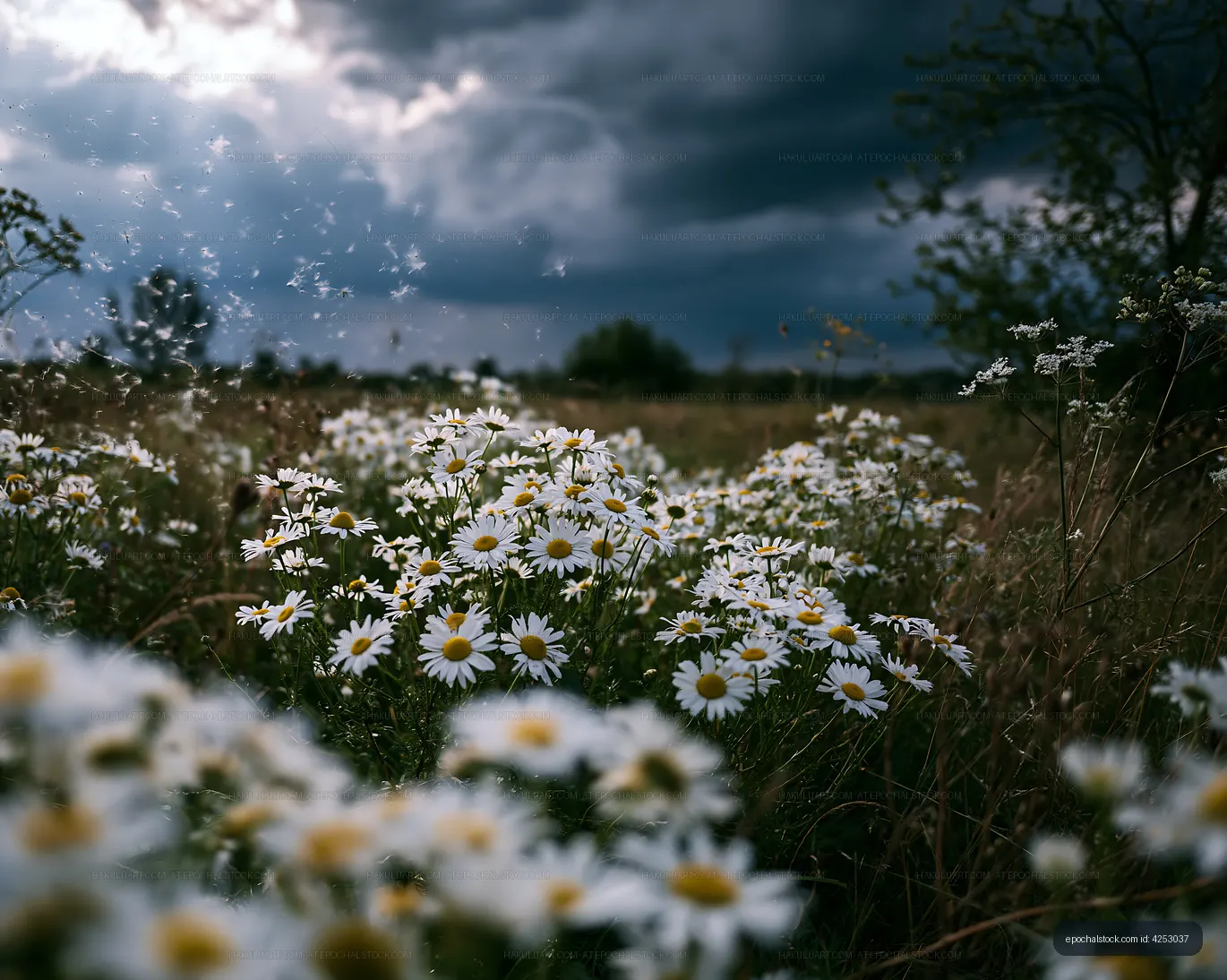 Field of white daisies under dark stormy sky