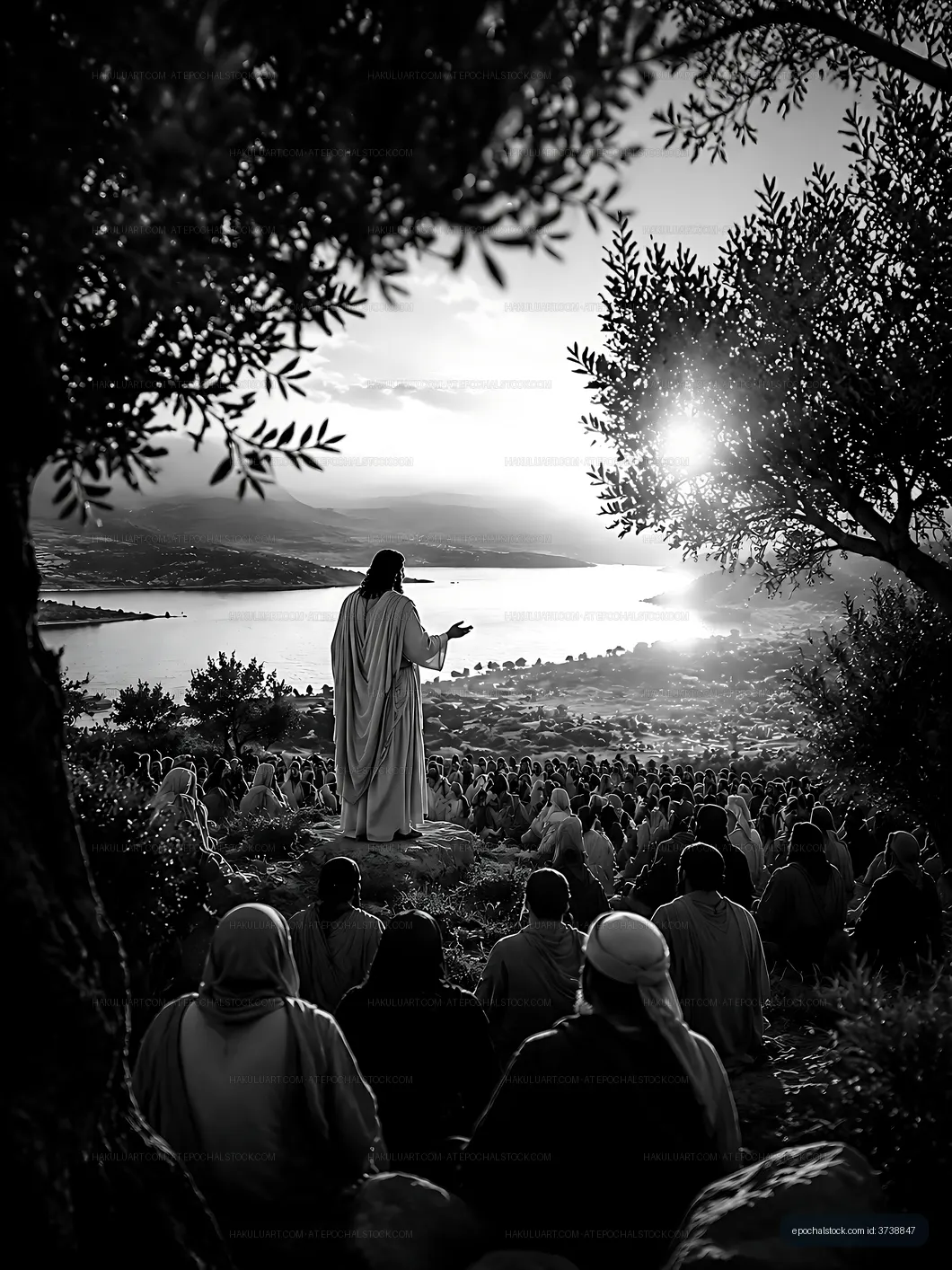 Jesus teaching a crowd near a lake at sunset