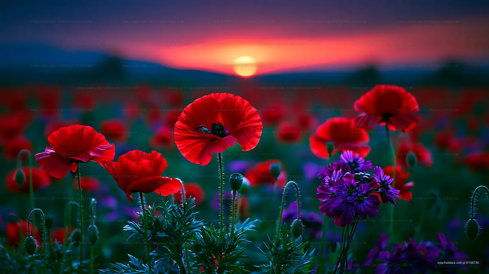 Poppy flowers bloom at sunset in a colorful field