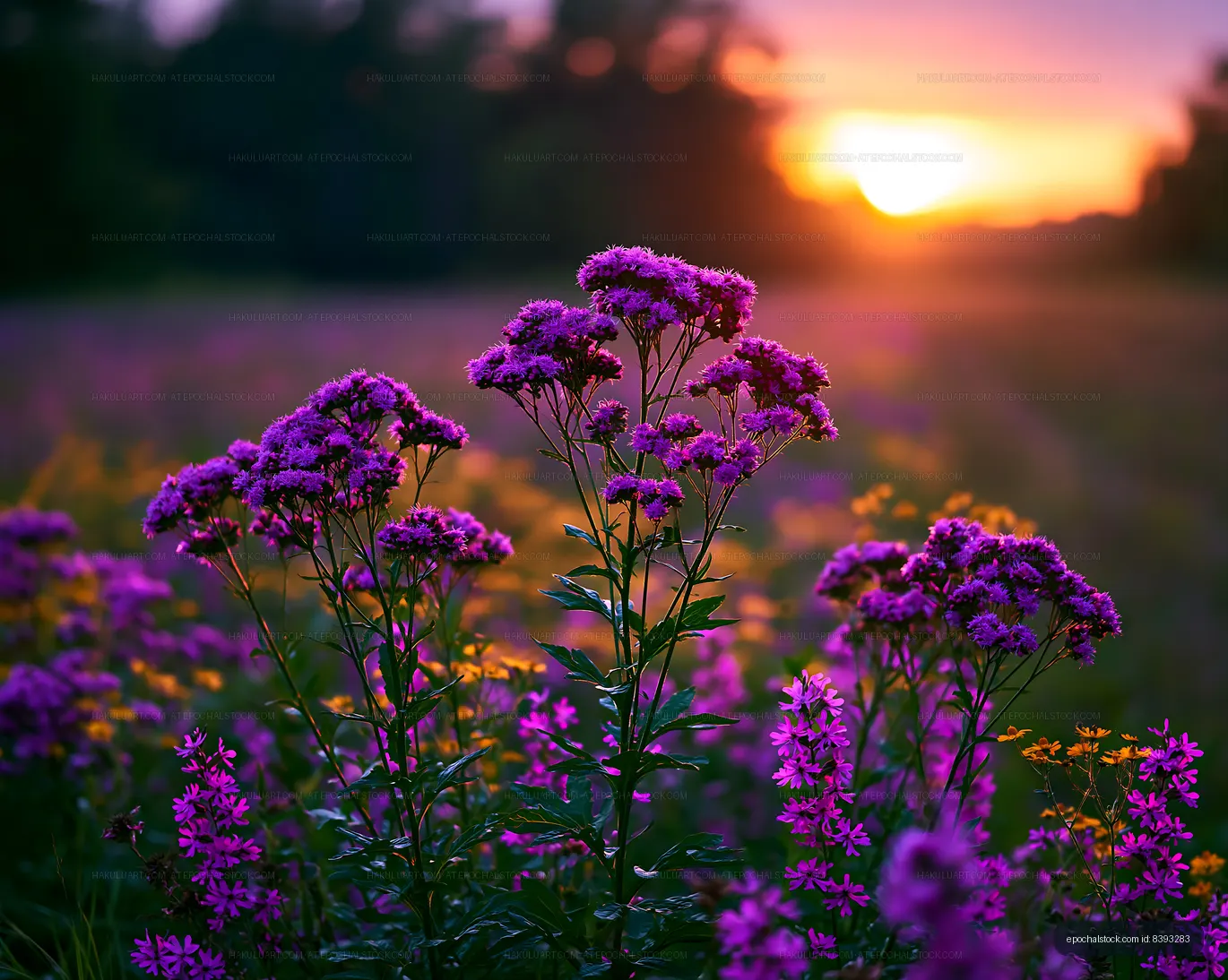 Colorful flowers in a field during sunset