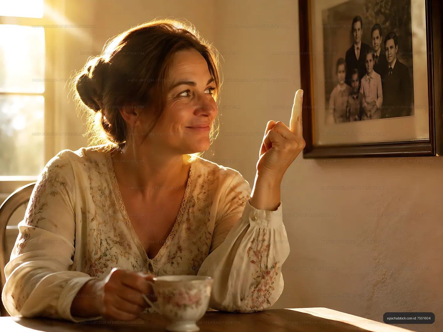 Woman holding a tea cup and looking at a family portrait