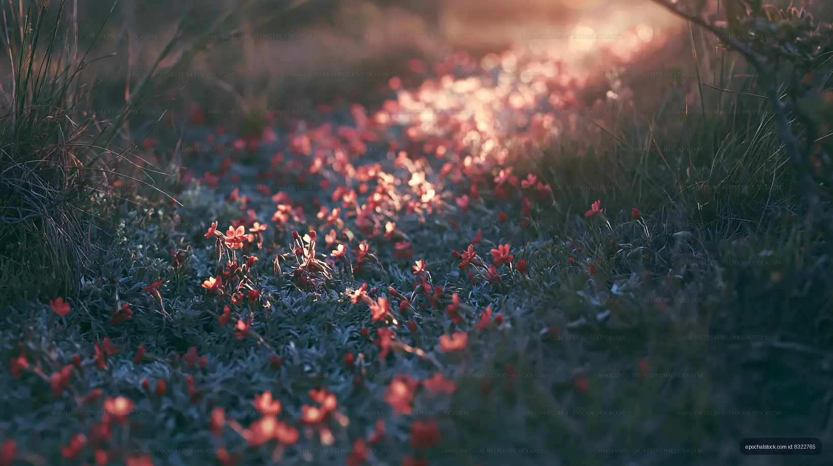 Flower path in a field during sunset