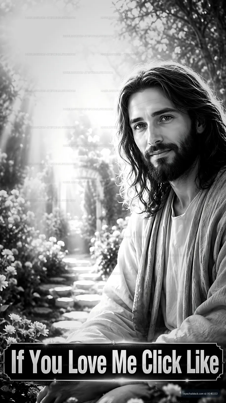 Man with long hair sitting in a garden with sunlight through trees