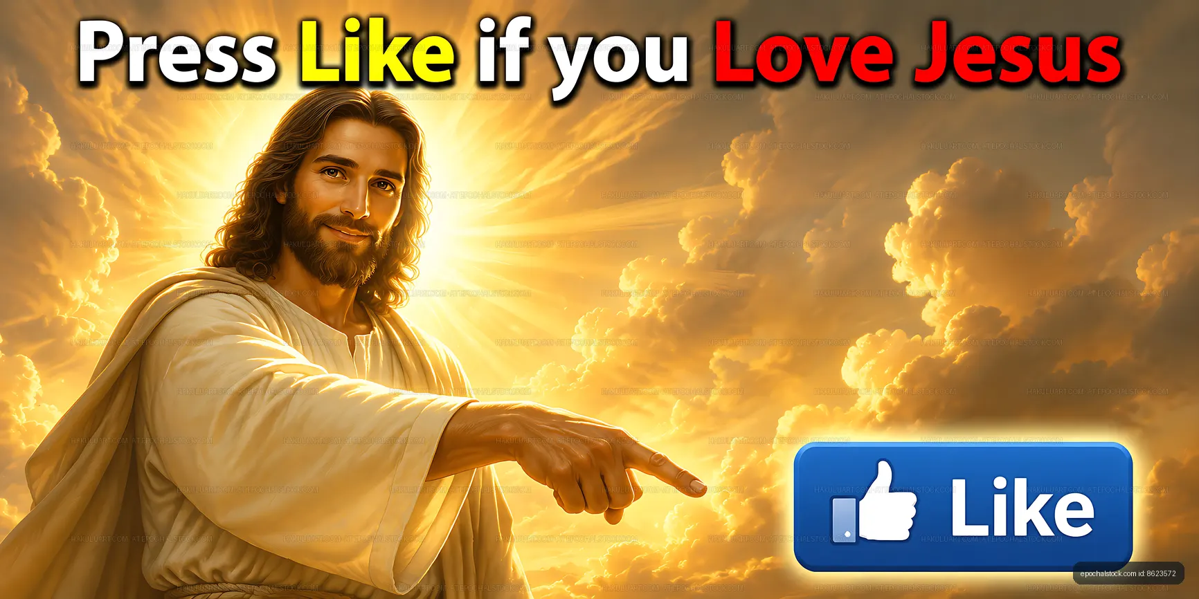 Jesus pointing in a divine scene with clouds and light
