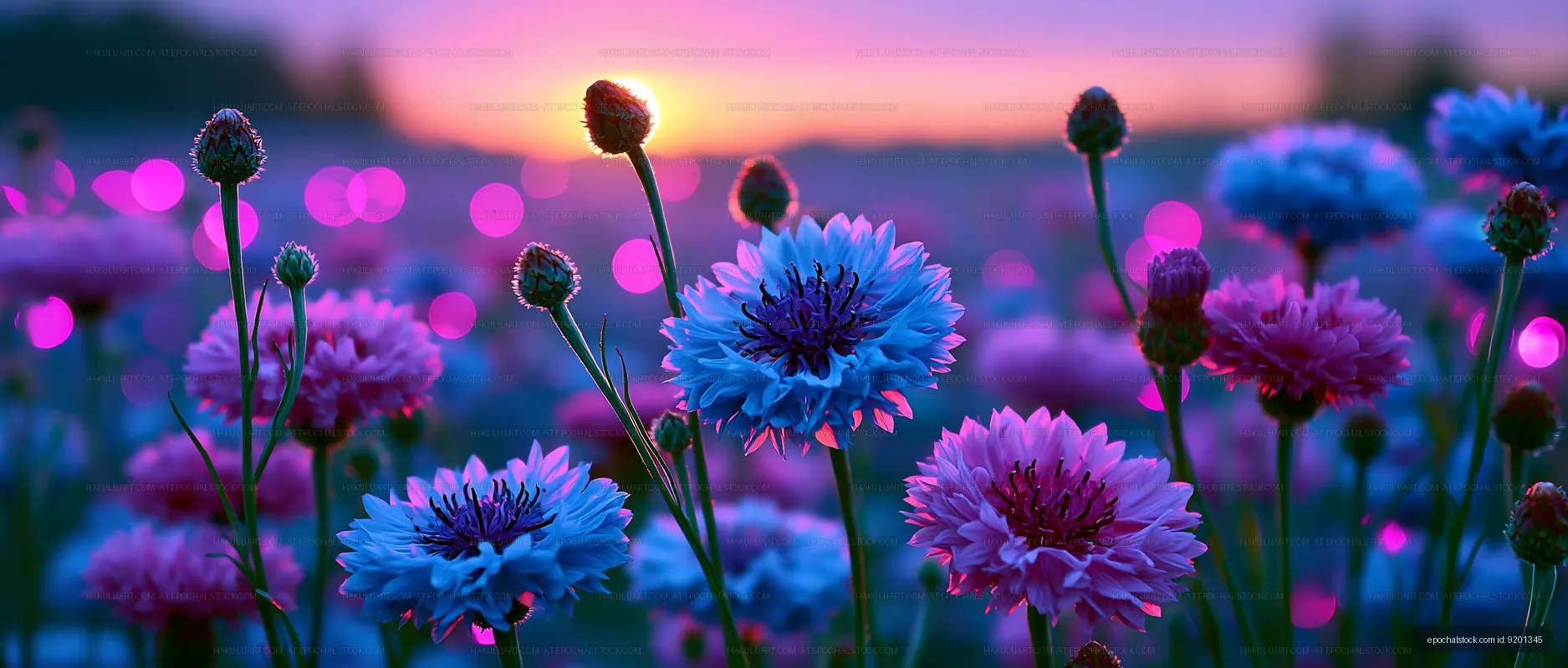 Vibrant flowers blooming in a field at sunset