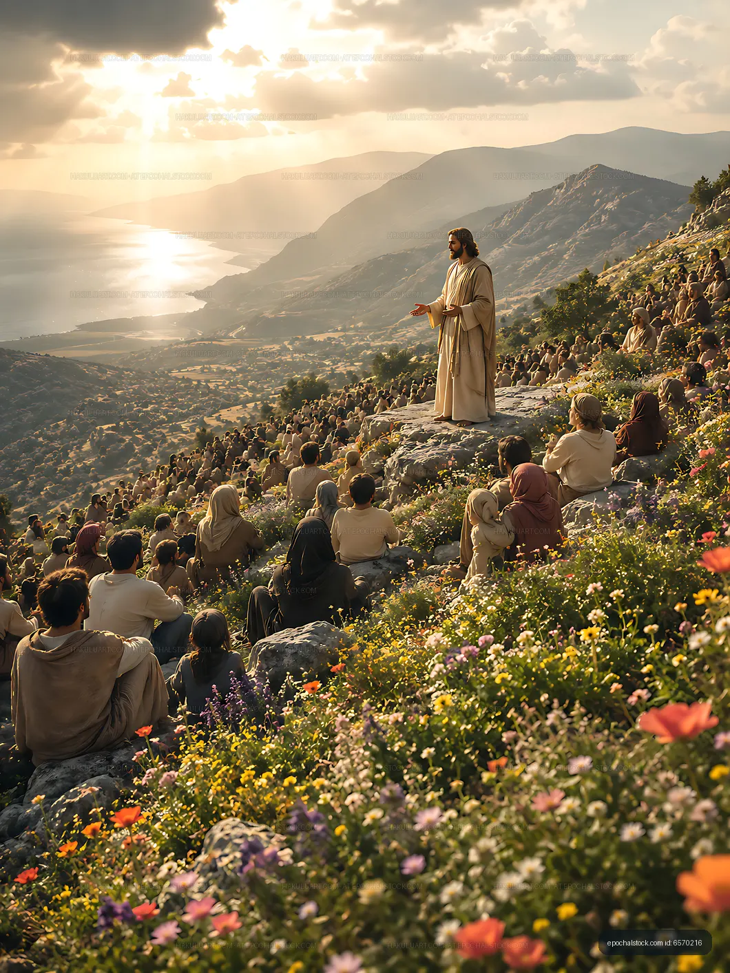 A crowd of people listens to a man speaking on a hillside