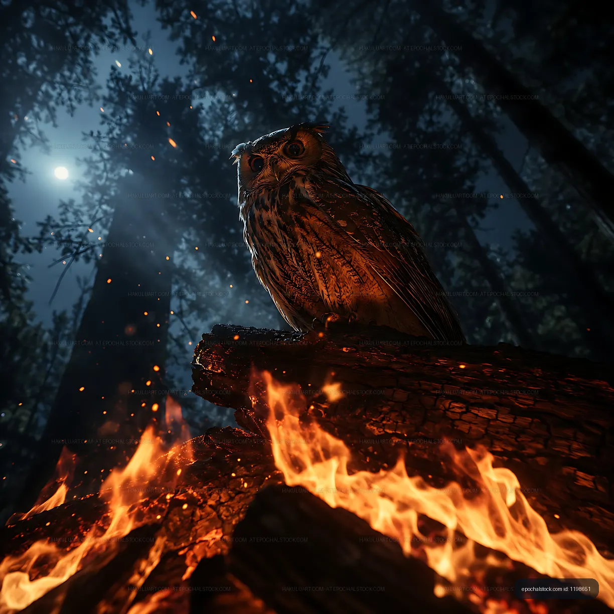 Owl perched on a log near a fire in a dark forest