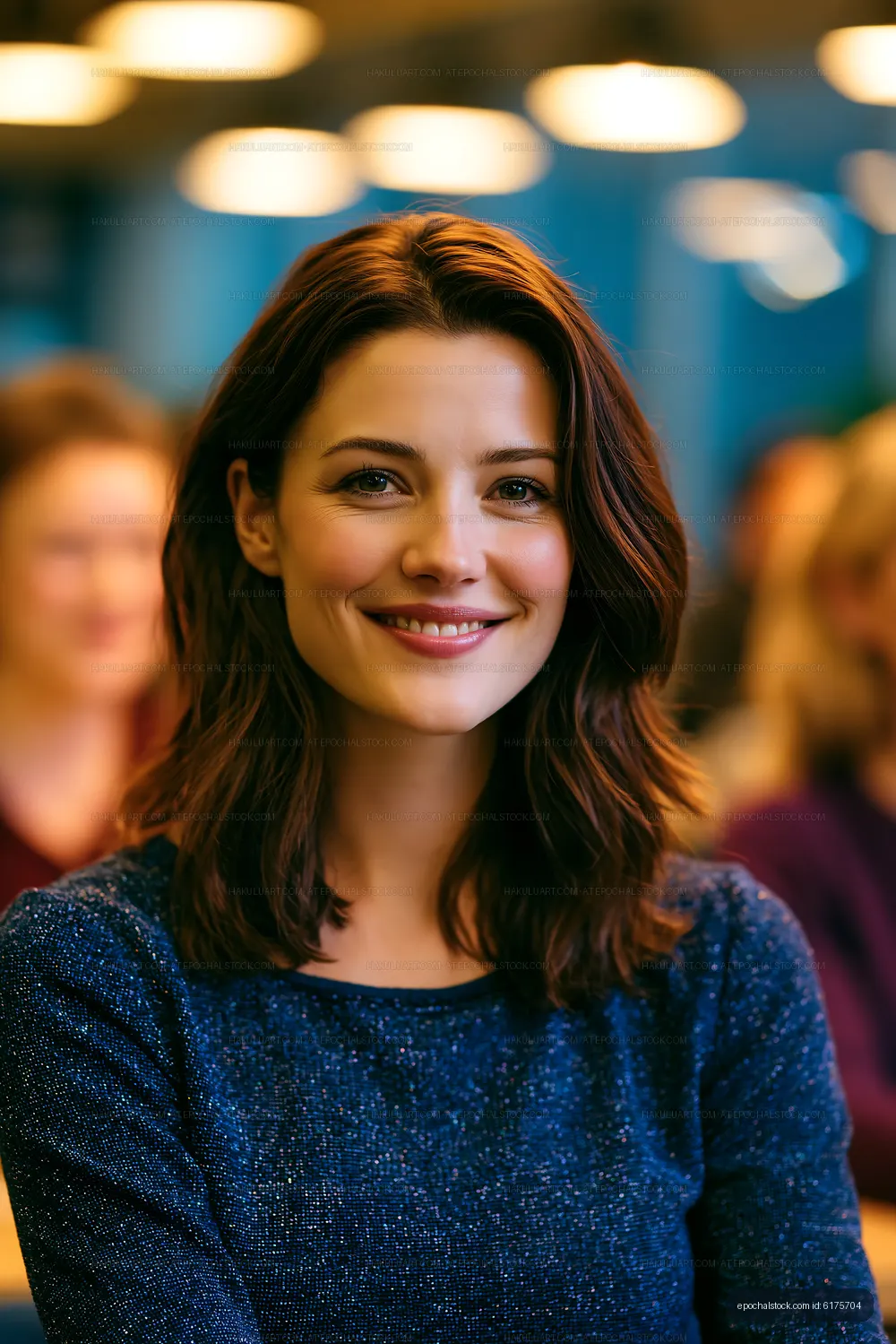 Woman smiling at a gathering in a well-lit indoor space