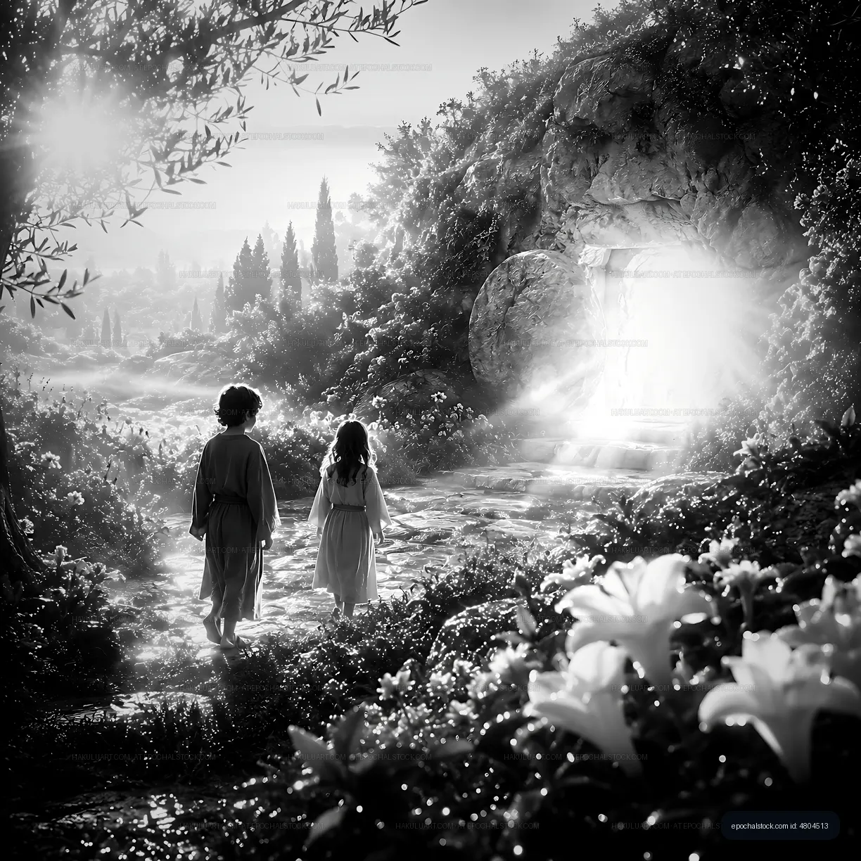Children walking towards a glowing cave in a beautiful landscape