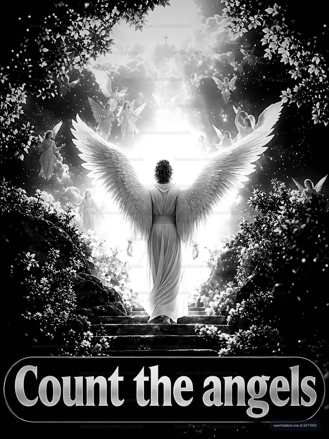 Angelic figure in light surrounded by many angels