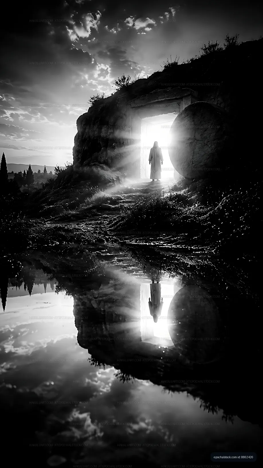 Silhouette of a figure emerging from a cave at dawn
